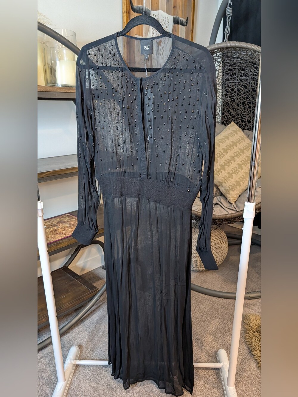 Black Beaded Shear Long Sleeve Maxi Dress